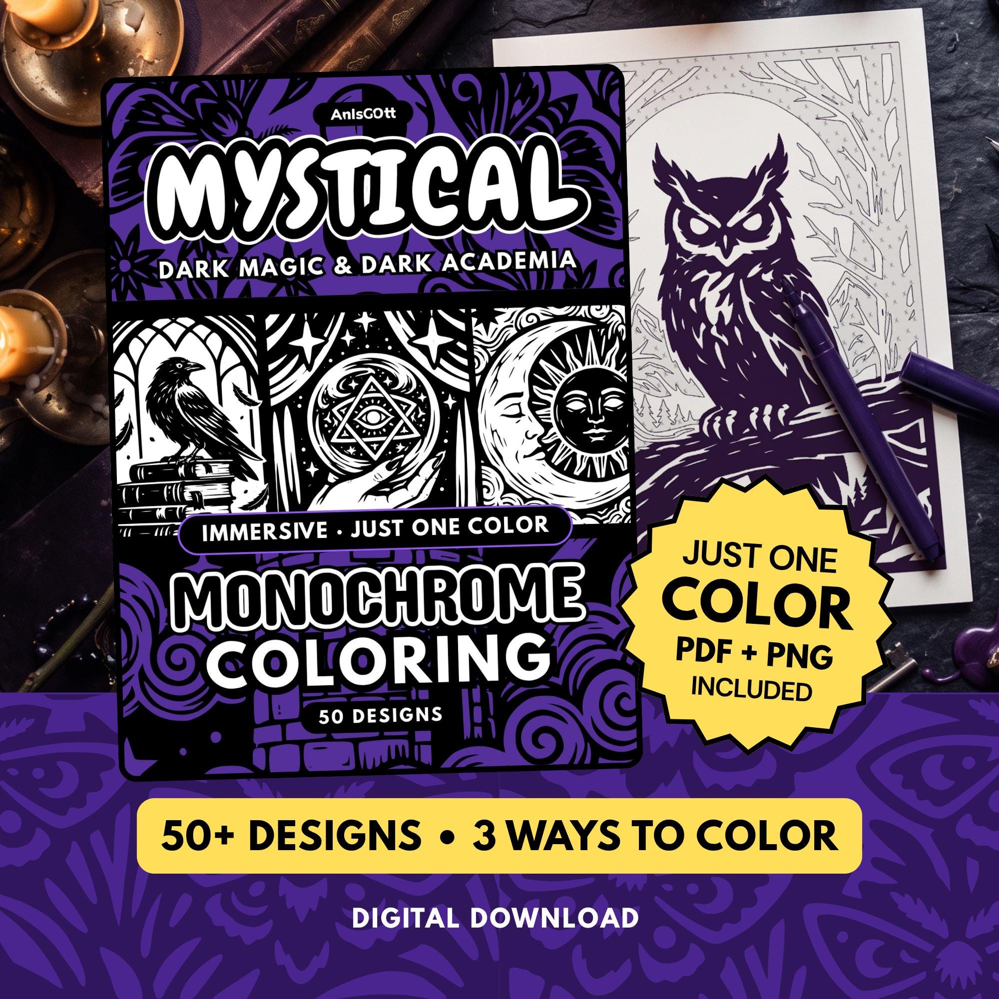 Mystical Monochrome Coloring Book, Dark Academia, Witchy, One Color Stress Relief Printable Pages PDF PNG (50 Designs)