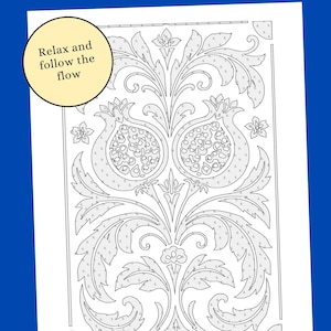 May include: Black and white line art of a pomegranate design with floral elements. The image includes the text "Relax and follow the flow" in a yellow circle. The design is on a white background.