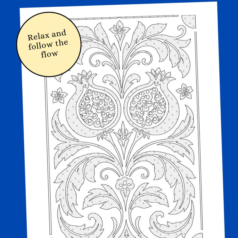 May include: Black and white line art of a pomegranate design with floral elements. The image includes the text "Relax and follow the flow" in a yellow circle. The design is on a white background.
