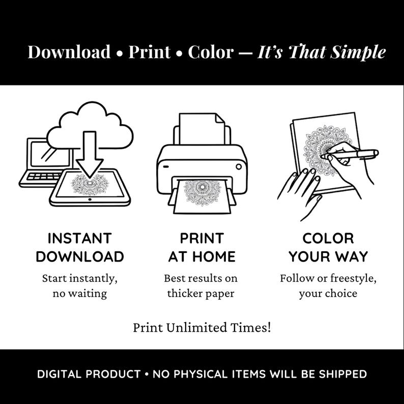 May include: A black and white instructional graphic featuring the text Download &bull; Print &bull; Color &mdash; It's That Simple. It displays three icons: a cloud downloading to a tablet, a printer, and a hand coloring a mandala. Text includes Instant Download, Print At Home, Color Your Way, Print Unlimited Times!, and Digital Product &bull; No Physical Items Will Be Shipped.