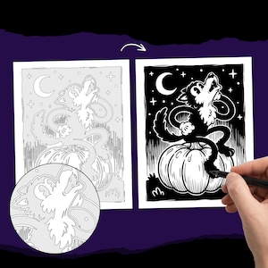 May include: A black and white illustration of a wolf howling at a crescent moon while sitting on a pumpkin. The artwork features a cartoon style with a circular inset showing a detailed view of the wolf head and a hand using a black pen.