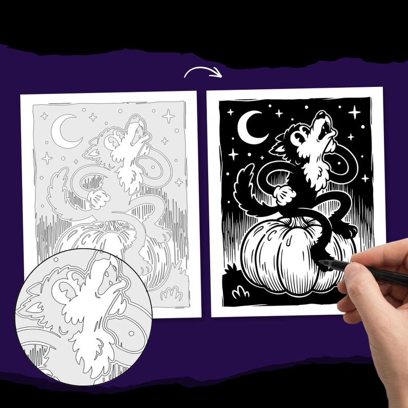 May include: A black and white illustration of a wolf howling at a crescent moon while sitting on a pumpkin. The artwork features a cartoon style with a circular inset showing a detailed view of the wolf head and a hand using a black pen.