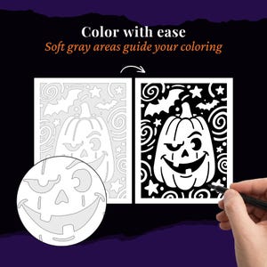 May include: A coloring page featuring a jack-o'-lantern, bats, and stars. The text reads Color with ease. Soft gray areas guide your coloring. A circular inset shows a close-up of the pumpkin face, while a black marker fills in the design.
