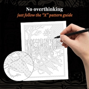 May include: A black and white coloring page featuring three children in Halloween costumes standing before a fence and trees. The text reads: No overthinking just follow the "X" pattern guide. A circular inset shows a close-up of the X pattern.