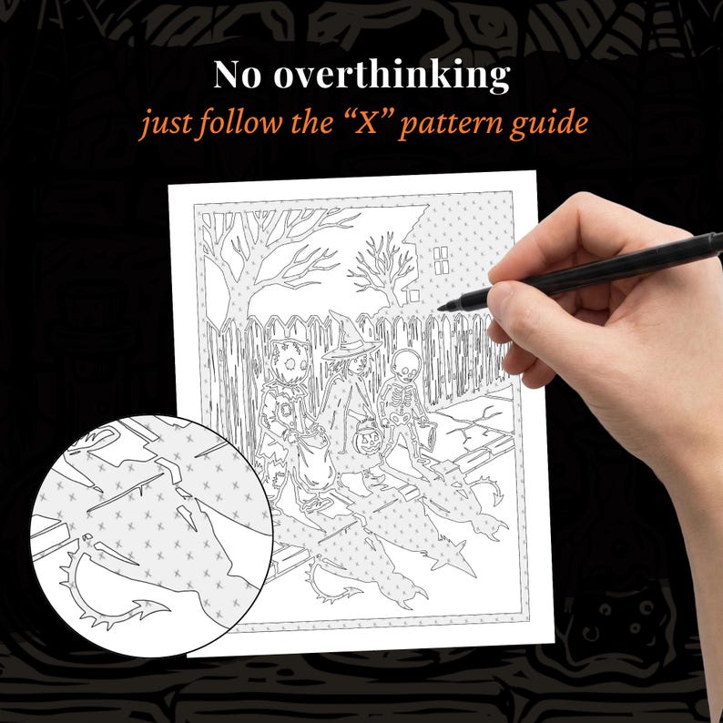 May include: A black and white coloring page featuring three children in Halloween costumes standing before a fence and trees. The text reads: No overthinking just follow the "X" pattern guide. A circular inset shows a close-up of the X pattern.