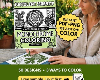 Succulent Serenity Monochrome Coloring Book, Botanical Line Art, One Color Stress Relief Printable Pages PDF PNG (50 Designs)
