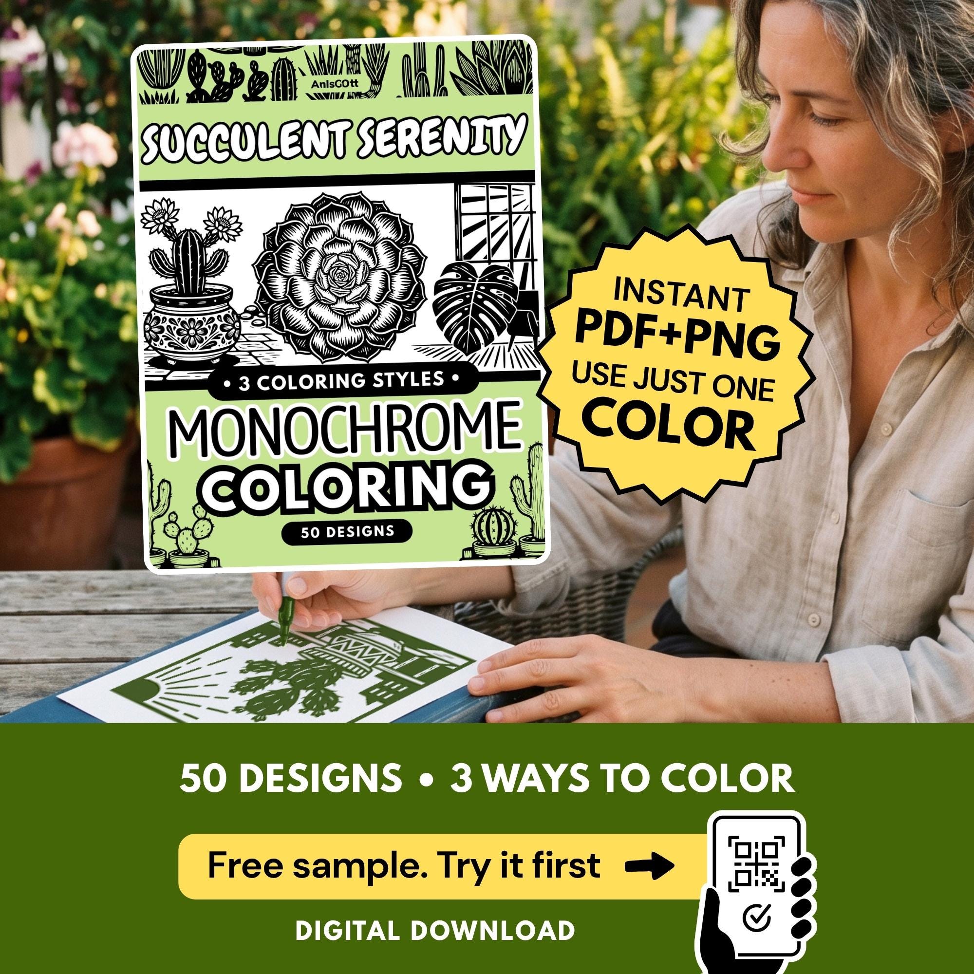 Succulent Serenity Monochrome Coloring Book, Botanical Line Art, One Color Stress Relief Printable Pages PDF PNG (50 Designs)