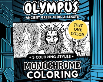 Olympus Greek Gods Coloring Book, Monochrome Mythic Beasts, One Color Stress Relief PDF (25 Designs)