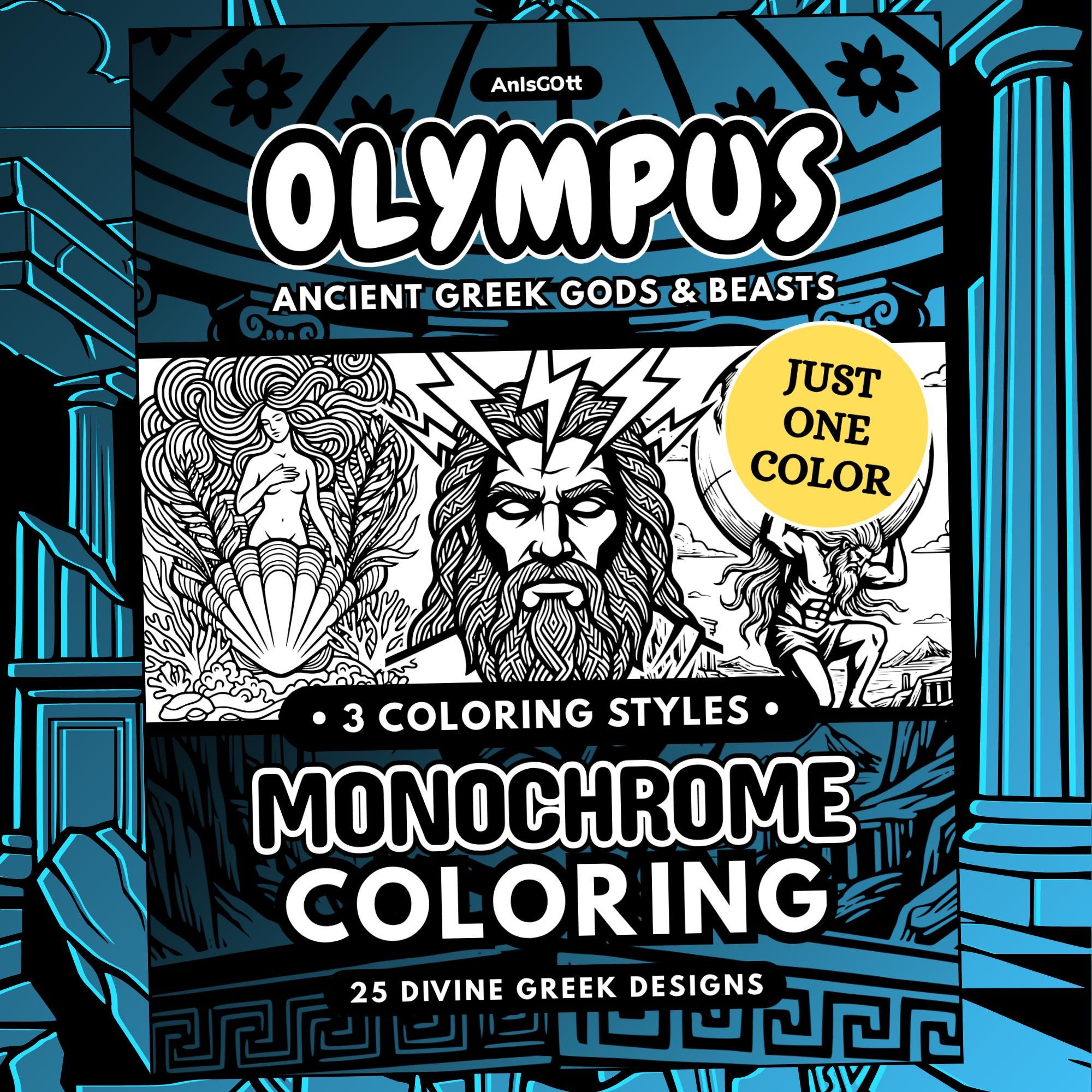 Olympus Greek Gods Coloring Book, Monochrome Mythic Beasts, One Color Adult Stress Relief Pages Printable PDF PNG (25 Designs)