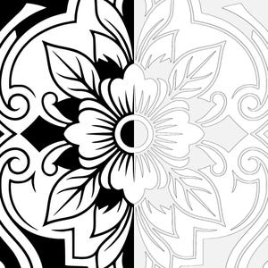 May include: A monochrome floral pattern split vertically. The left side is black and white, the right side a grey outline. The design features a large flower with detailed petals and leaves, and decorative swirls.
