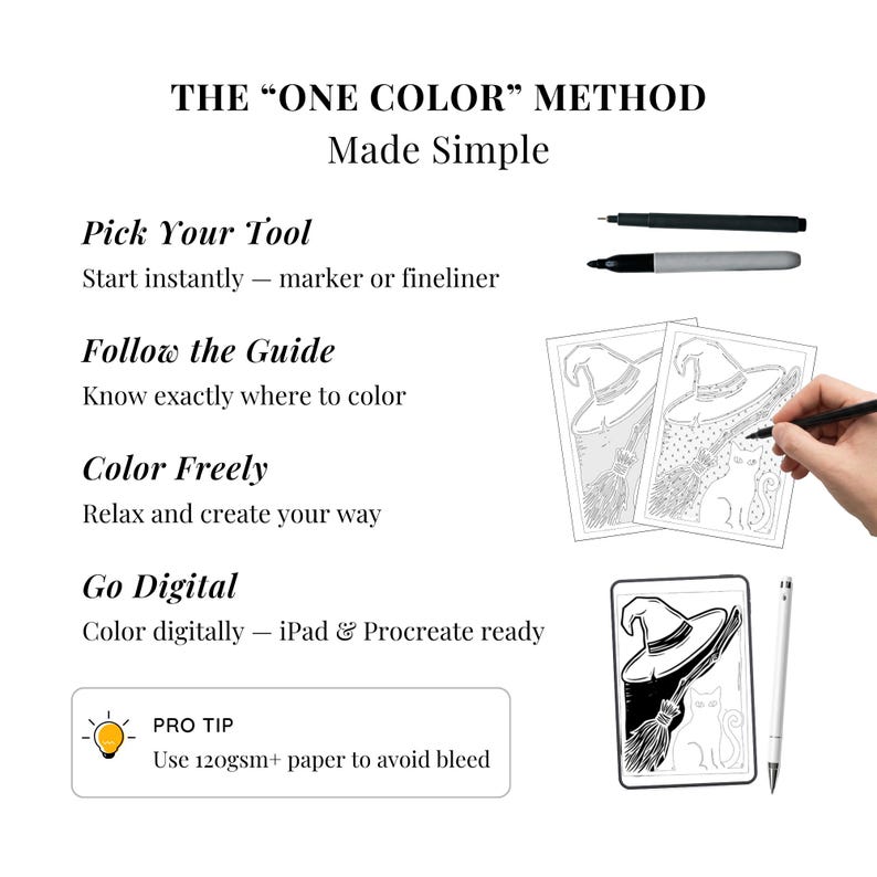 May include: An instructional graphic titled THE ONE COLOR METHOD Made Simple. It lists steps: Pick Your Tool with a marker and fineliner, Follow the Guide, Color Freely, and Go Digital. It shows coloring pages of a witch hat, broom, and cat.