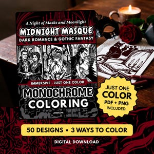 May include: A rectangular digital coloring book cover titled Midnight Masque, featuring black and white illustrations of couples in masquerade attire. The cover includes text stating 50 designs, 3 ways to color, and digital download, with a yellow starburst graphic.