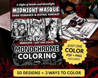 Midnight Masque Monochrome Coloring Book, Dark Romance Gothic Masquerade Vampire, One Color Halloween Printable PDF PNG  (50 Designs)