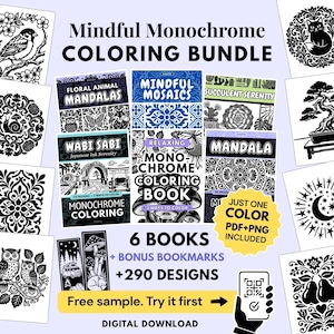 Puede incluir: Un paquete digital de seis libros de colorear monocromáticos con 290 diseños, incluyendo mandalas de animales florales, mosaicos, suculentas y temas wabi-sabi. Incluye marcapáginas adicionales, un código QR de muestra gratuita y archivos PDF y PNG.