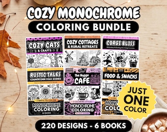 Cozy Monochrome Coloring Bundle, 220 Designs, Just One Color, Cottagecore PDF PNG Printable