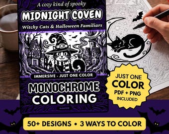Midnight Coven Monochrome Coloring Book, Witchy Cats, Halloween Gothic, Stress Relief One Color PDF PNG (50+ Designs)