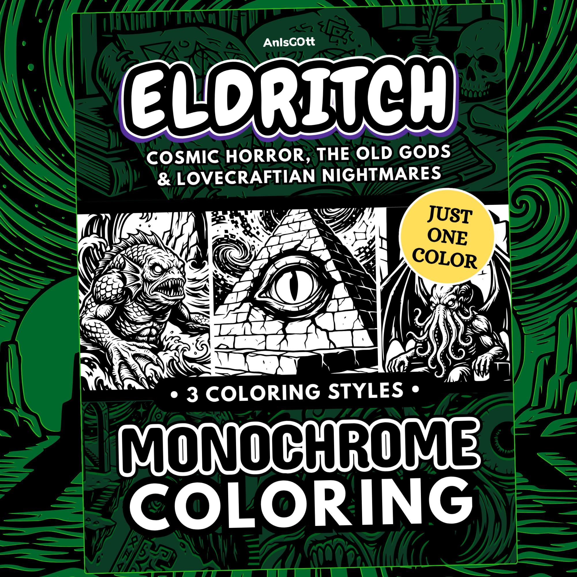 Lovecraft Monochrome Coloring Book, Eldritch Cosmic Horror Pages, Cthulhu One Color Printable PDF PNG (25 Designs)