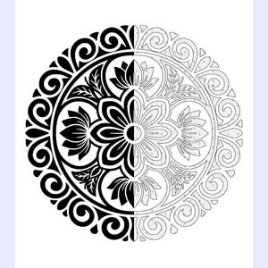 May include: A detailed black and white circular mandala design. The design is split in half, with one side featuring a black floral pattern and the other a gray floral pattern. The outer edge has a decorative scroll design.