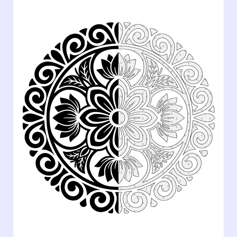 May include: A detailed black and white circular mandala design. The design is split in half, with one side featuring a black floral pattern and the other a gray floral pattern. The outer edge has a decorative scroll design.