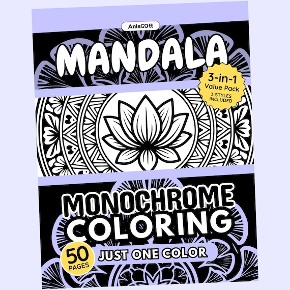 50 Mandala Monochrome Coloring Book, Mindfulness & Anxiety Relief, One Color Art Therapy, Printable PDF, Adult Coloring Pages