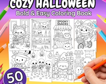 Gemütliches Halloween Malbuch: 50 Mutige & einfache Malseiten, gruseliges, süsses PDF Malbuch zum Ausdrucken für Kinder und Erwachsene, Sofort-Download