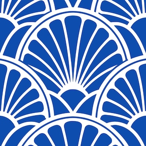 May include: A repeating pattern with a fan-like design in blue and white. The pattern is made up of semi-circular shapes with radiating lines, creating a symmetrical and decorative motif. Suitable for various applications, the design is visually striking.
