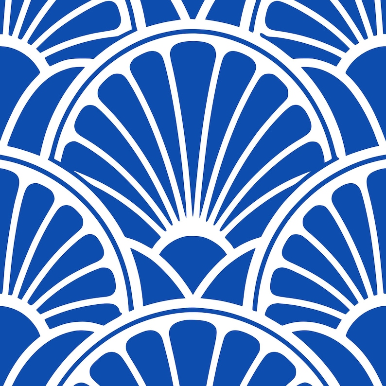 May include: A repeating pattern with a fan-like design in blue and white. The pattern is made up of semi-circular shapes with radiating lines, creating a symmetrical and decorative motif. Suitable for various applications, the design is visually striking.