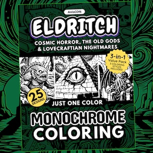 Eldritch Cosmic Horror Monochrome Coloring Book, Lovecraftian Old Gods, Cthulhu Dark Fantasy, Just One Color (25 Pages PDF)