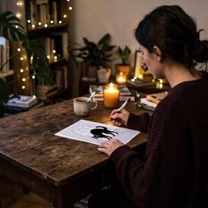 May include: A white rectangular sheet of paper featuring a black silhouette illustration of an arched cat standing in front of a window. The paper is positioned on a dark wooden table next to a ceramic mug and a lit yellow pillar candle.