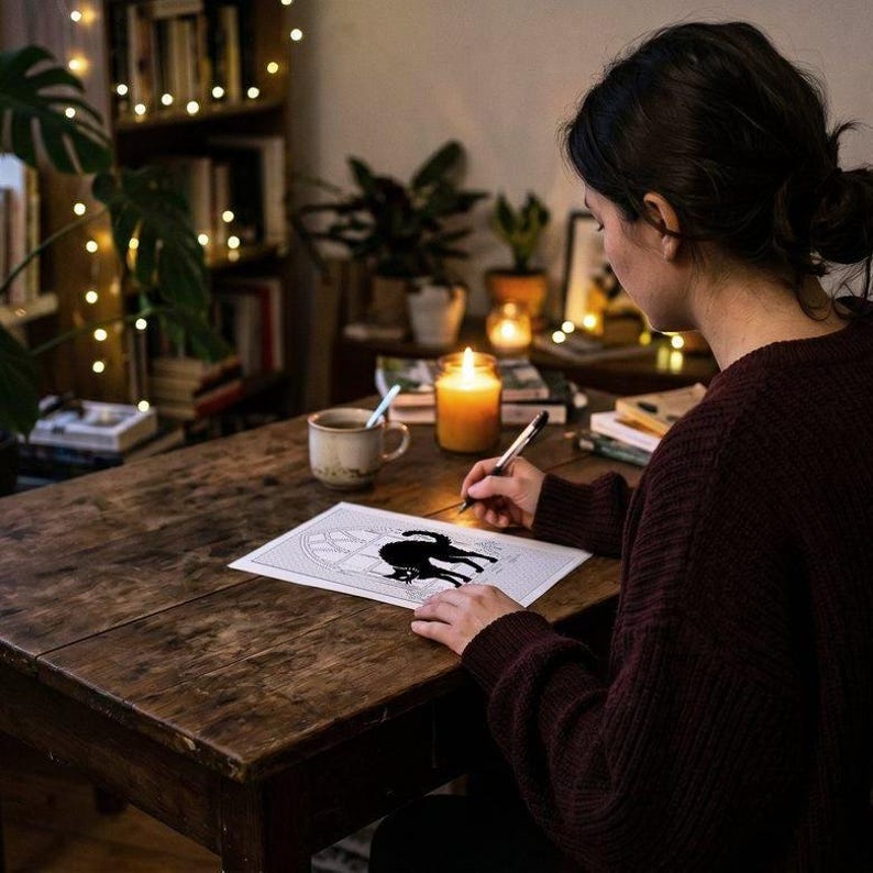 May include: A white rectangular sheet of paper featuring a black silhouette illustration of an arched cat standing in front of a window. The paper is positioned on a dark wooden table next to a ceramic mug and a lit yellow pillar candle.