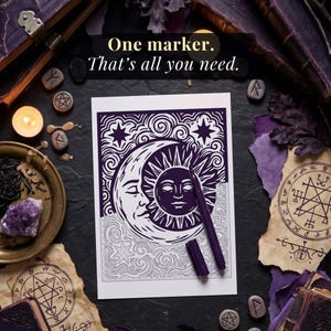 May include: A rectangular print featuring a purple and white illustration of a sun and moon with swirling patterns and stars. A purple marker rests on the print. The text "One marker. That's all you need." is displayed at the top of the image.