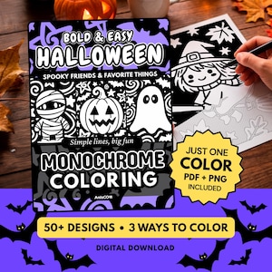 Może przedstawiać: Cyfrowa okładka kolorowanki zatytułowana Bold & Easy Halloween Spooky Friends & Favorite Things z ilustracjami mumii, dyni i ducha. Tekst zawiera informacje o 50+ wzorach, 3 sposobach kolorowania oraz cyfrowym pobieraniu.