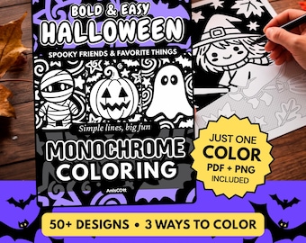 Bold & Easy Halloween Monochrome Coloring Book, Cozy Spooky Cute Ghost Pumpkin Pages, One Color Kids Adult Printable PDF PNG (50 Designs)