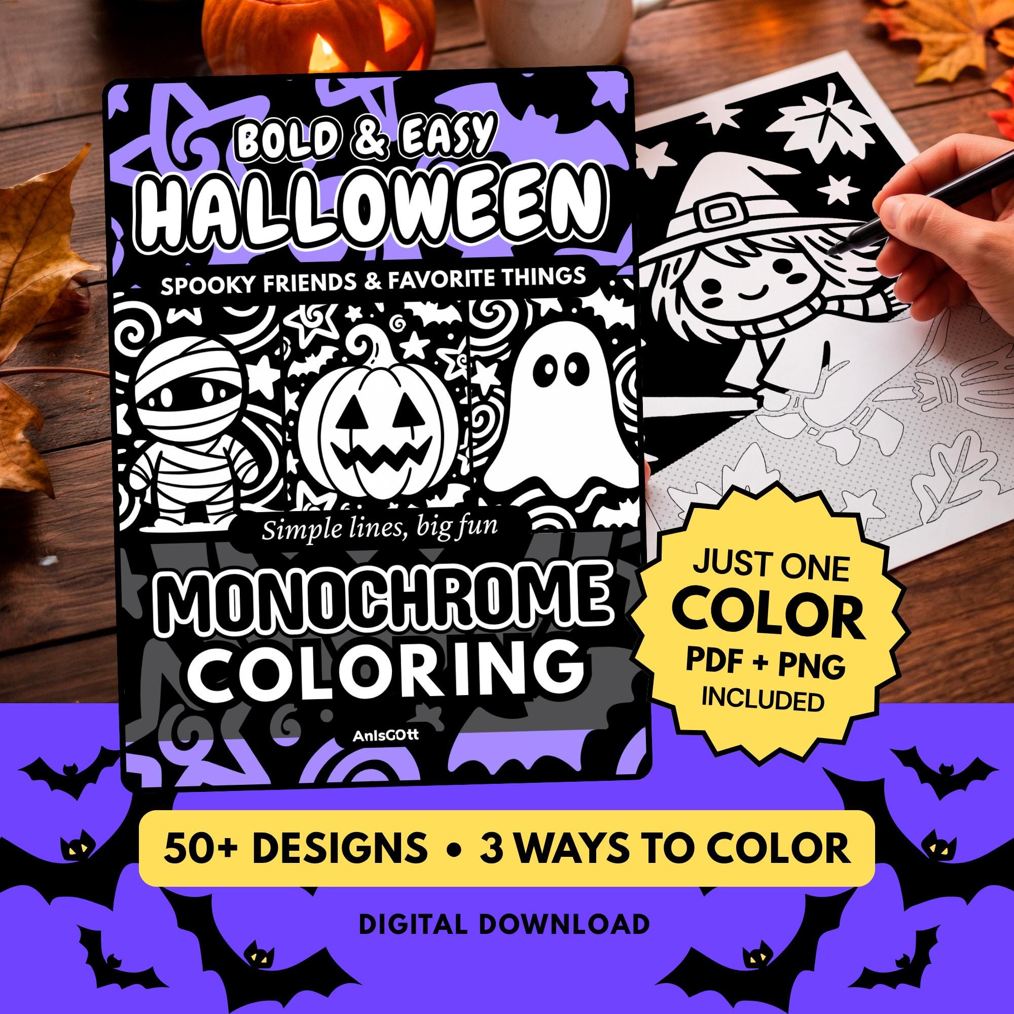 Bold & Easy Halloween Monochrome Coloring Book, Cozy Spooky Cute Ghost Pumpkin Pages, One Color Kids Adult Printable PDF PNG (50 Designs)