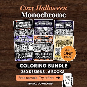 May include: A digital colouring bundle featuring six books with 250 designs. Titles include Vintage Toon Halloween, Midnight Coven, Oddlings, Bold & Easy Halloween, Hygge Halloween, and Cursed Botany. The collection features monochrome illustrations.