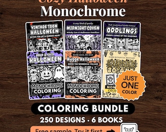 Cozy Halloween Monochrome Coloring Bundle, 250 Designs, Just One Color, Whimsical Spooky Cute PDF PNG Printable
