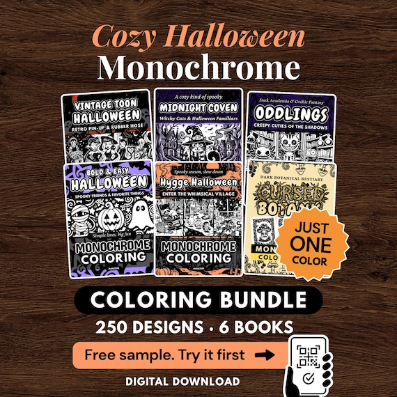 Cozy Halloween Monochrome Coloring Bundle, 250 Designs, Just One Color, Whimsical Spooky Cute PDF PNG Printable