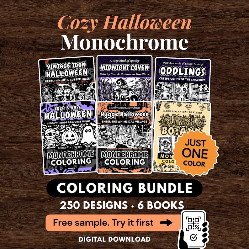May include: A digital coloring bundle featuring six books with 250 designs. Titles include Vintage Toon Halloween, Midnight Coven, Oddlings, Bold & Easy Halloween, Hygge Halloween, and Cursed Botany. The collection features monochrome illustrations.