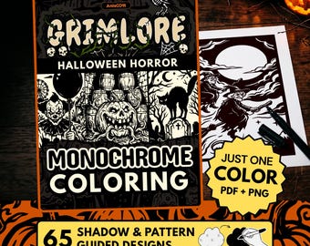 May include: A rectangular coloring book cover titled GRIMLORE HALLOWEEN HORROR MONOCHROME COLORING with black and white illustrations of a clown, a pumpkin, and a cat. It features 65 shadow and pattern guided designs in PDF and PNG formats.