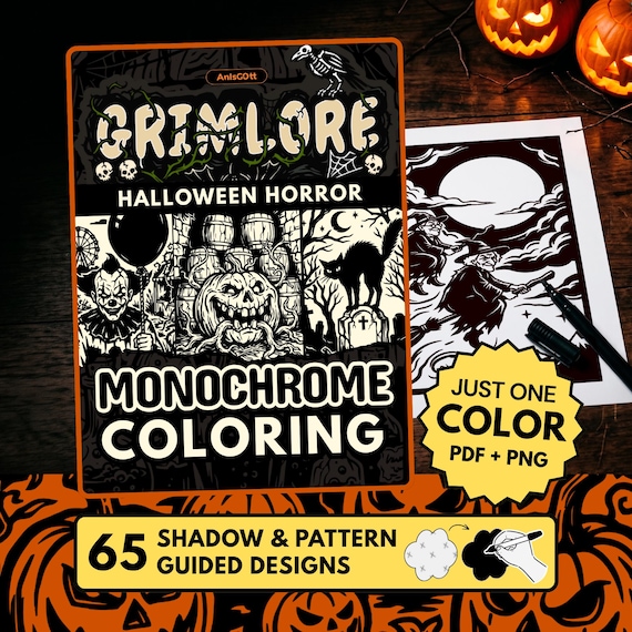 Grimlore Classic Halloween Horror Monochrome Coloring Book, Spooky Adult Coloring Pages, Creepy Art Printable (65 Designs)
