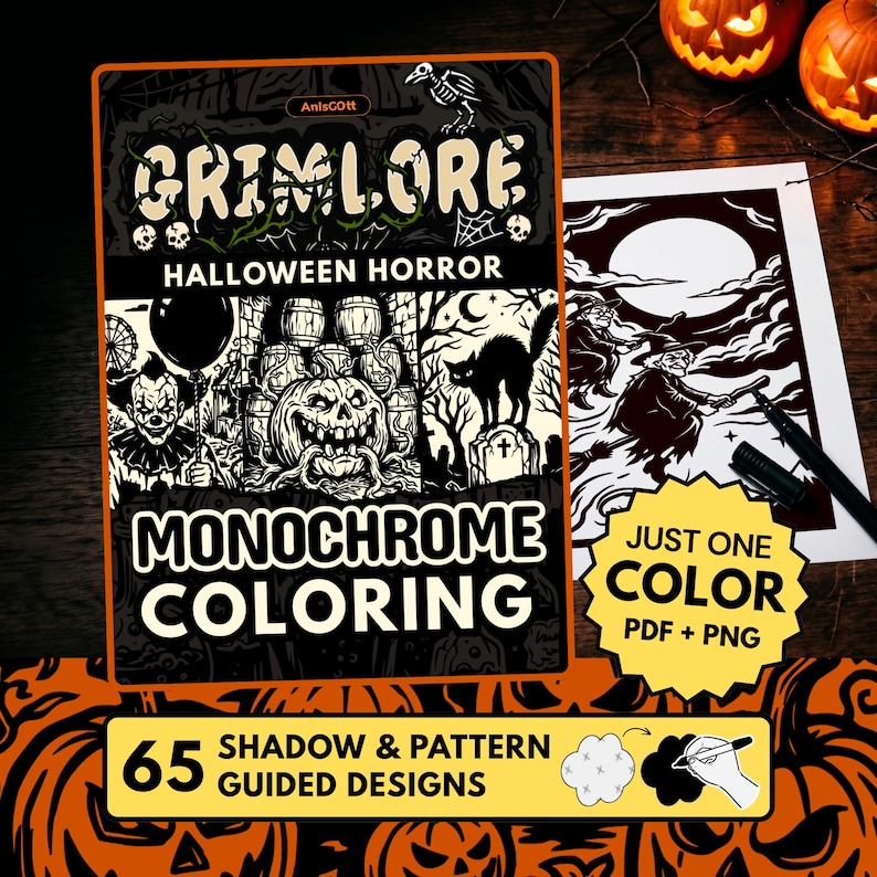 May include: A rectangular coloring book cover titled GRIMLORE HALLOWEEN HORROR MONOCHROME COLORING with black and white illustrations of a clown, a pumpkin, and a cat. It features 65 shadow and pattern guided designs in PDF and PNG formats.