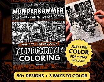 Wunderkammer Monochrome Coloring Book, Halloween Cabinet of Curiosities, Gothic One Color Stress Relief Printable PDF PNG (50 Designs)