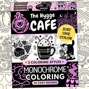 Libro para colorear monocromático Hygge Cafe, gatos acogedores, alivio del estrés, PDF imprimible en un solo color (50 diseños)