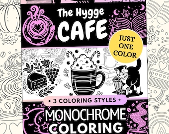 Hygge Cafe Monochrome Coloring Book, Cozy Cats, Stress Relief Just One Color Printable PDF (50 Designs)
