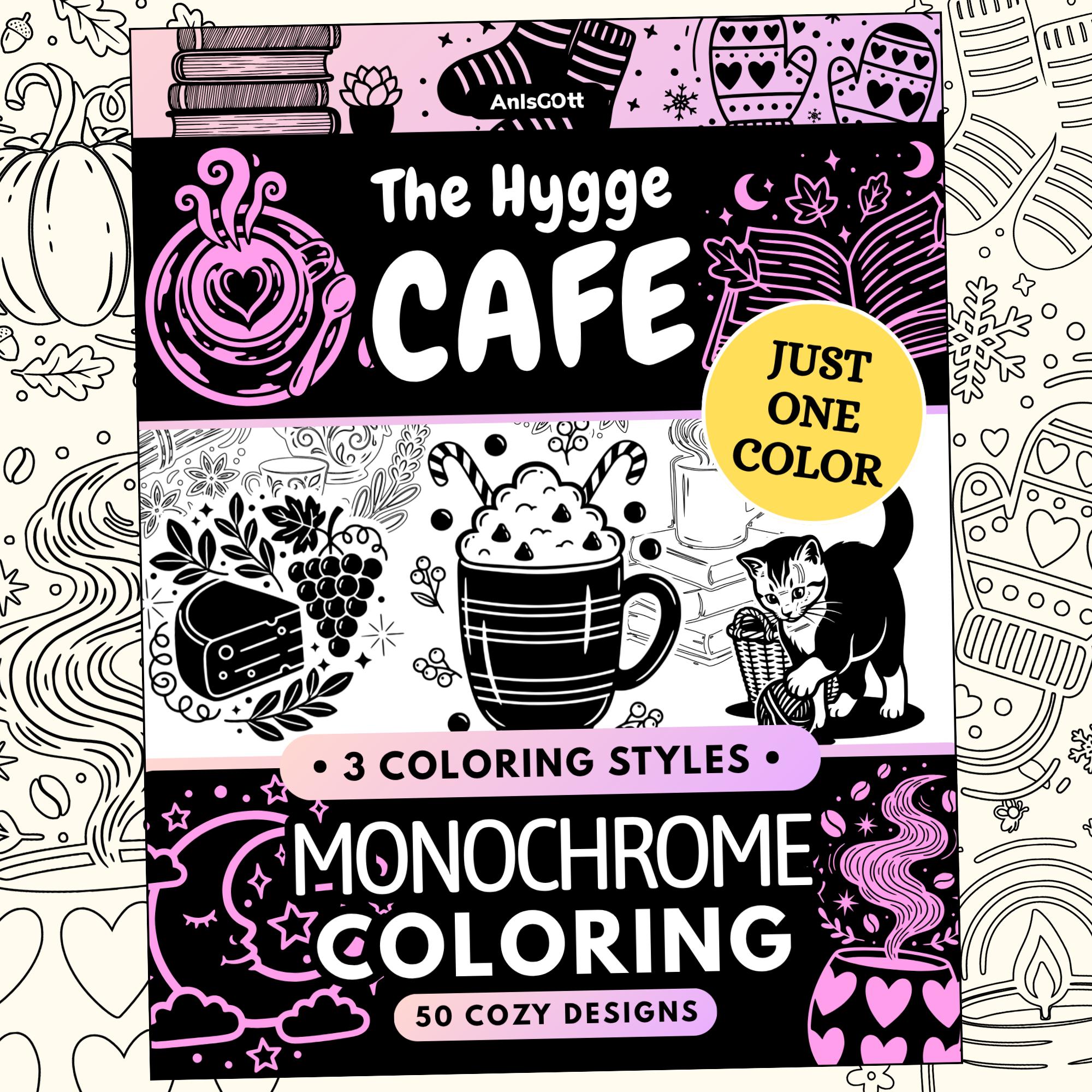 Hygge Cafe Monochrome Coloring Book, Cozy Cats, Stress Relief Just One Color Printable PDF (50 Designs)