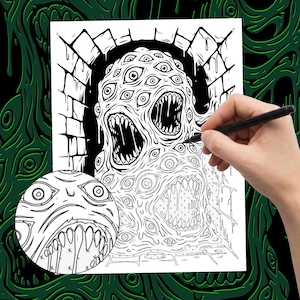 May include: A black and white line art illustration of a multi-eyed, multi-mouthed monster emerging from a brick archway. A circular inset shows a magnified view of one of the creature's mouths with sharp teeth and numerous eyes surrounding it.