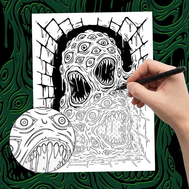 May include: A black and white line art illustration of a multi-eyed, multi-mouthed monster emerging from a brick archway. A circular inset shows a magnified view of one of the creature's mouths with sharp teeth and numerous eyes surrounding it.