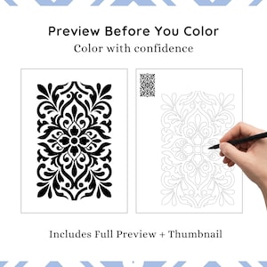 May include: Two black and white decorative design templates. The left template is a solid black design, and the right template is a line drawing of the same design. The text reads "Preview Before You Color, Color with confidence" and "Includes Full Preview + Thumbnail."