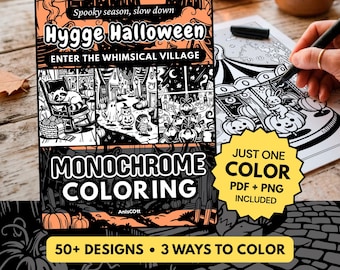 Hygge Halloween Monochrome Coloring Book, Whimsical Village, Costumed Woodland Animals, One Color Guided Printable PDF PNG (50 Designs)