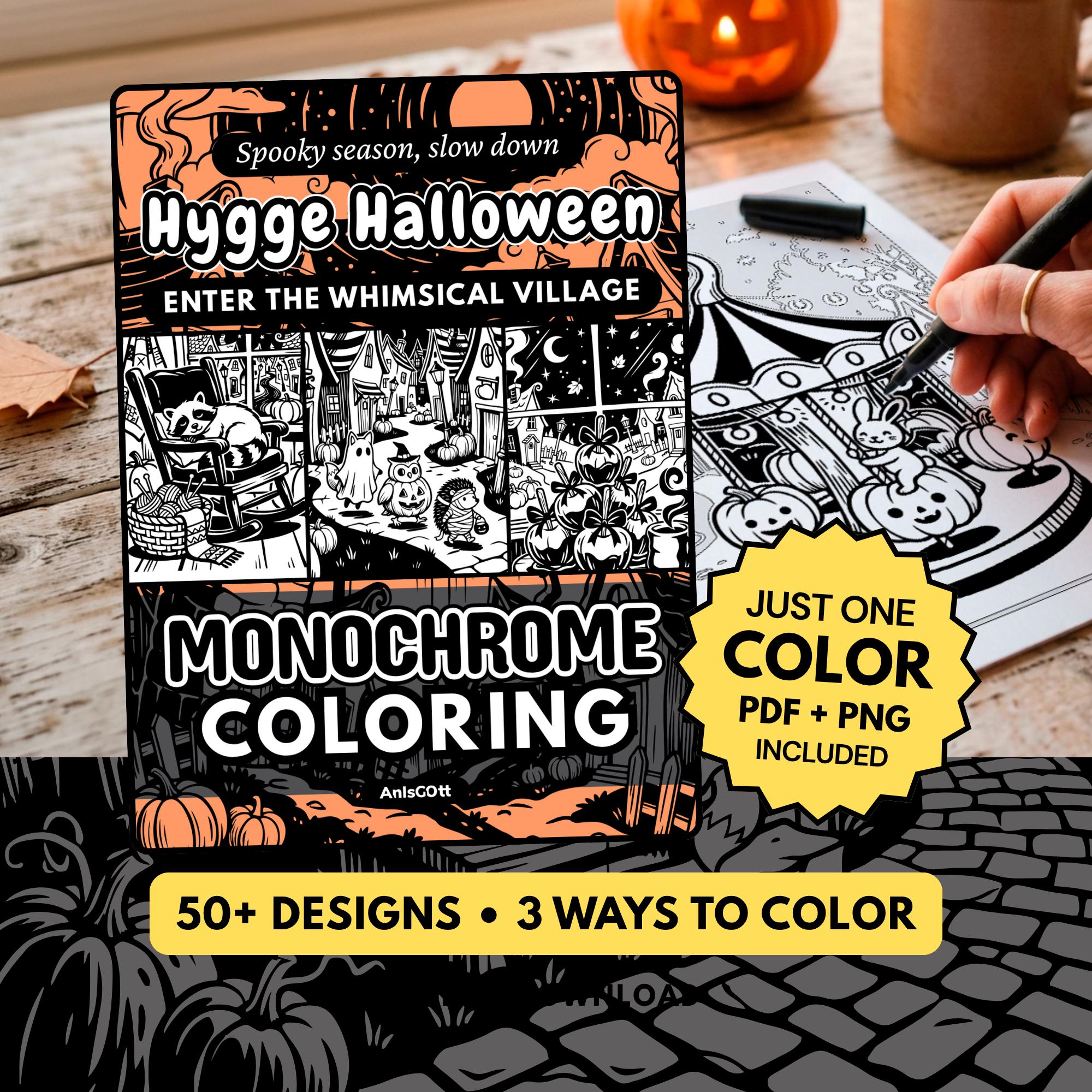 Hygge Halloween Monochrome Coloring Book, Whimsical Village, Costumed Woodland Animals, One Color Guided Printable PDF PNG (50 Designs)